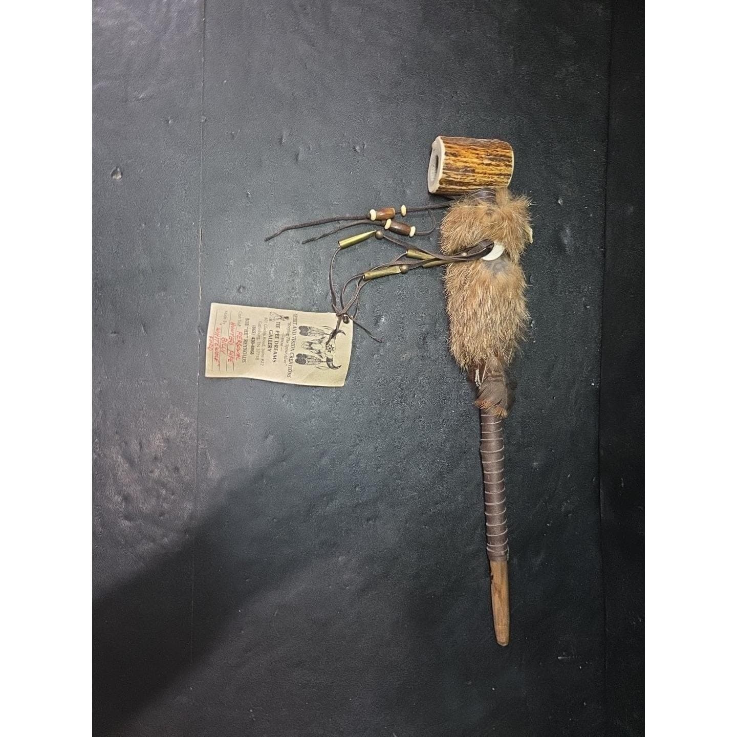 Native American Hunters Pipe, Leather, Fur & Feathers, Spirit & Visions Artifact - Thumbnail 2