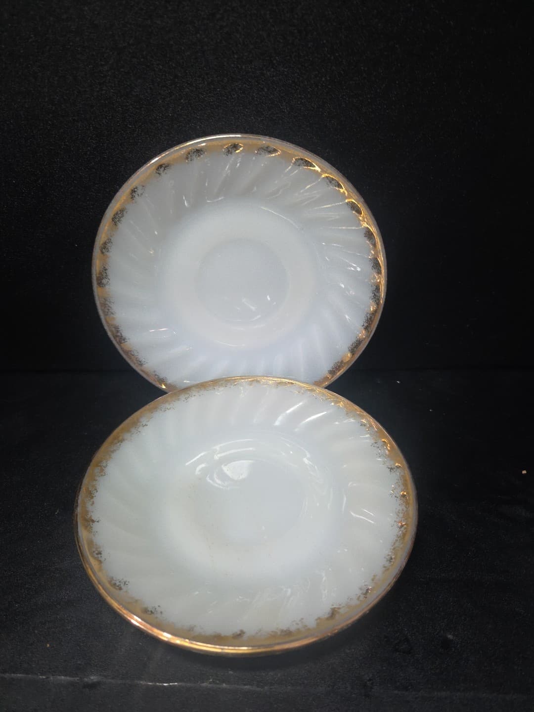 Anchor Hocking Golden Shell Saucers, Swirl Lustre Plates, Gold Trim, Set Of 2