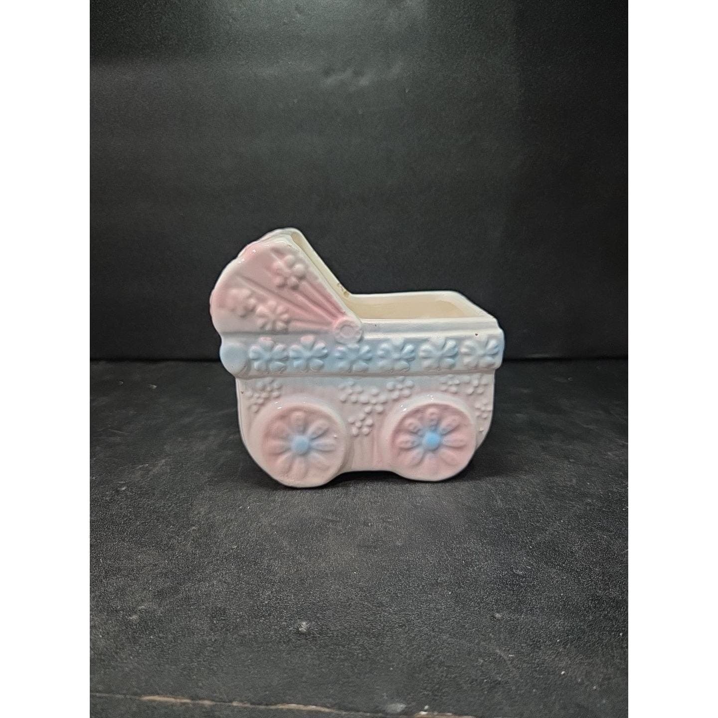 Ceramic Baby Carriage Planter with Floral Pattern, Vintage Whimsical Home Decor - Thumbnail 3