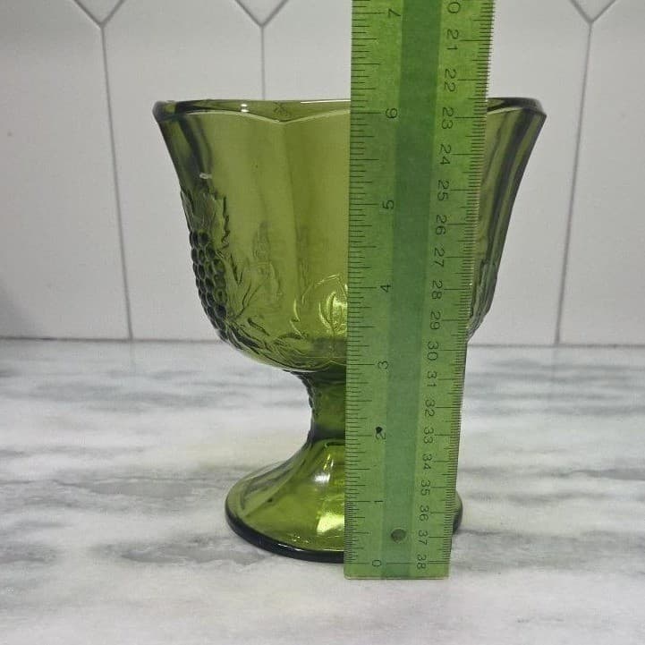 Indiana Glass Colony Harvest Grapes Compote, Vintage Avocado Green Pedestal Bowl - Thumbnail 10