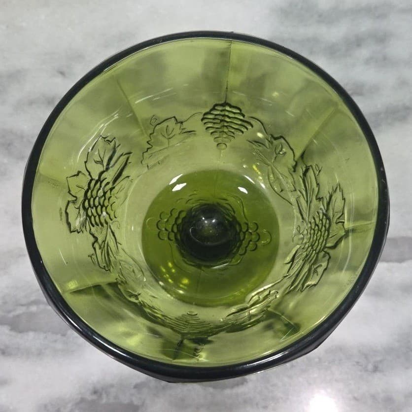 Indiana Glass Colony Harvest Grapes Compote, Vintage Avocado Green Pedestal Bowl - Thumbnail 7
