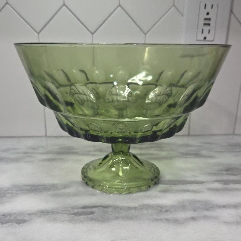 Indiana Glass Green Fruit Bowl, Vintage Thumbprint Pedestal Compote, Centerpiece - Thumbnail 4