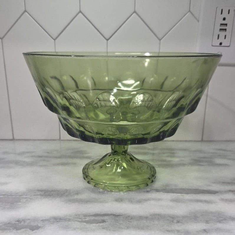 Indiana Glass Green Fruit Bowl, Vintage Thumbprint Pedestal Compote, Centerpiece - Thumbnail 5