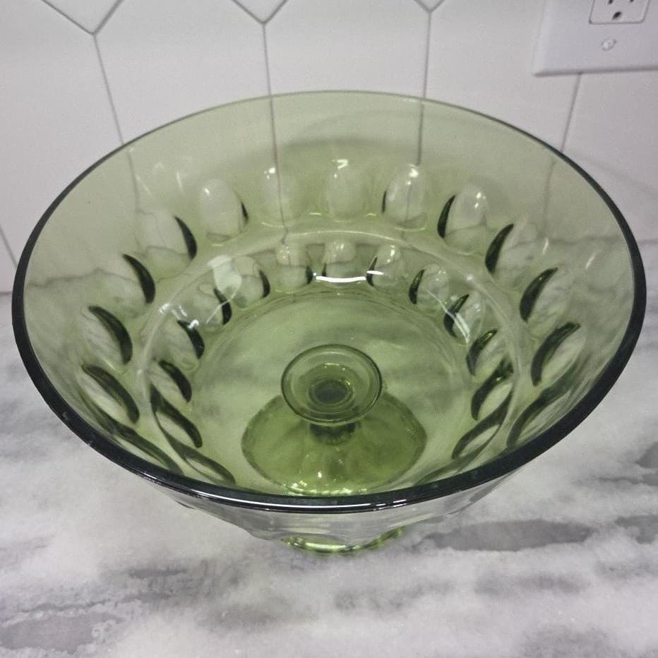 Indiana Glass Green Fruit Bowl, Vintage Thumbprint Pedestal Compote, Centerpiece - Thumbnail 6