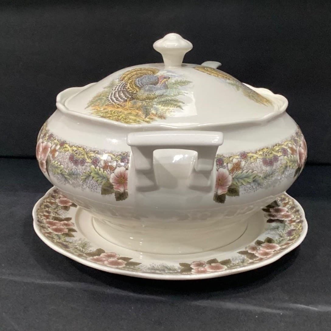 Churchill Myott Thanksgiving Soup Tureen Set, Four Piece Brown Transferware, Vtg - Thumbnail 14