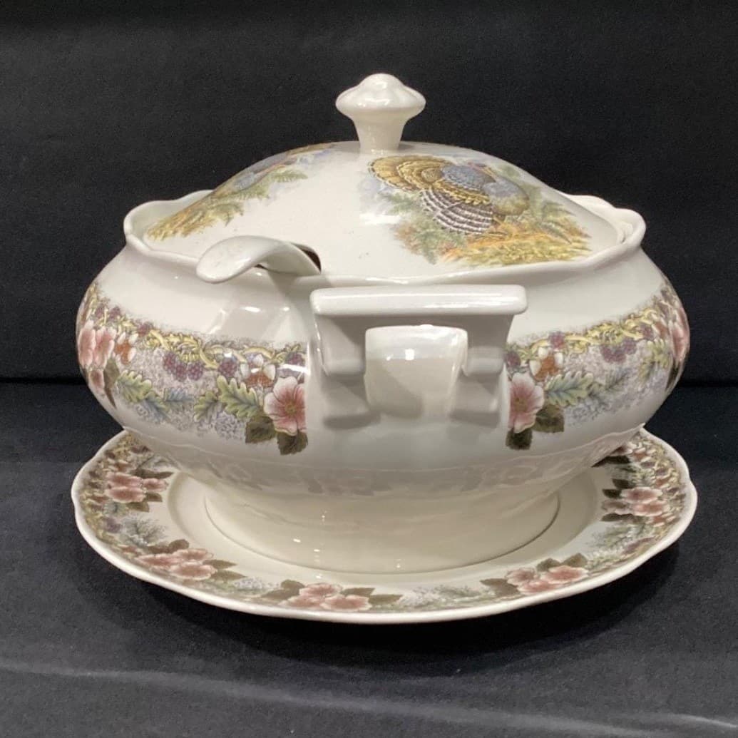 Churchill Myott Thanksgiving Soup Tureen Set, Four Piece Brown Transferware, Vtg - Thumbnail 16
