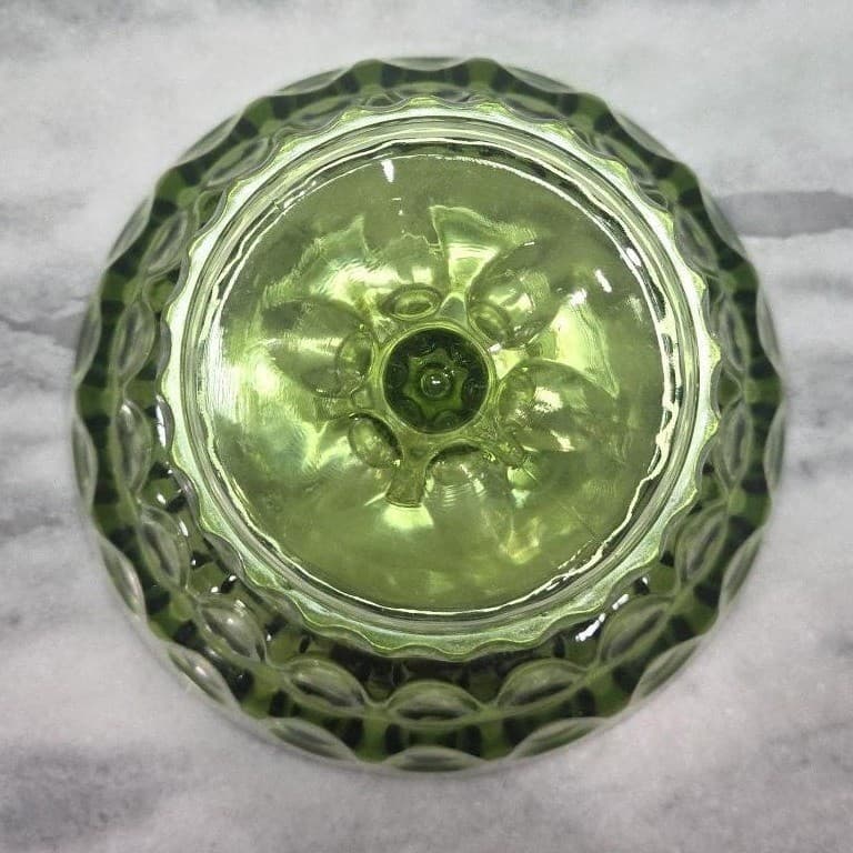 Indiana Glass Green Fruit Bowl, Vintage Thumbprint Pedestal Compote, Centerpiece - Thumbnail 8