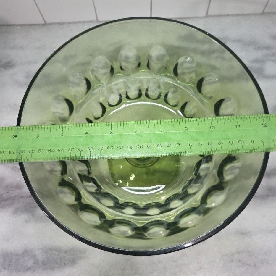 Indiana Glass Green Fruit Bowl, Vintage Thumbprint Pedestal Compote, Centerpiece - Thumbnail 9