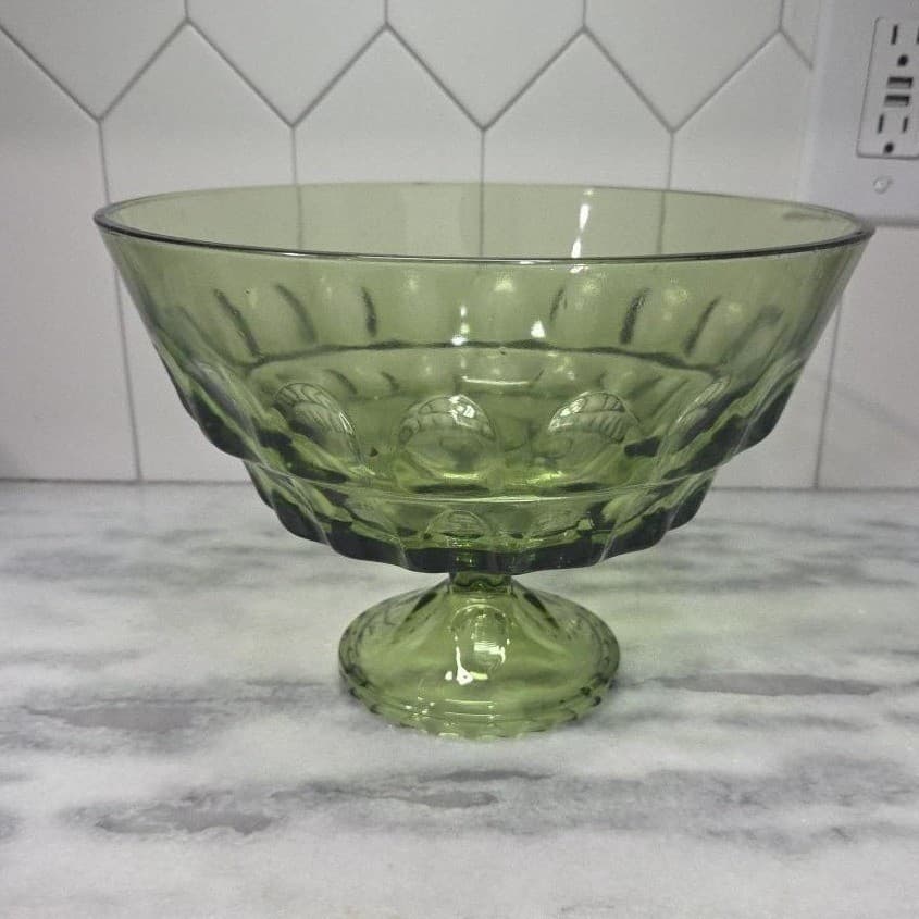 Indiana Glass Green Fruit Bowl, Vintage Thumbprint Pedestal Compote, Centerpiece - Thumbnail 2
