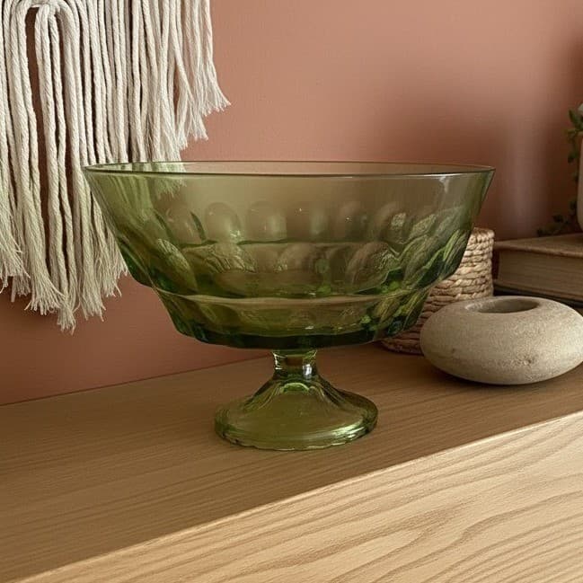 Indiana Glass Green Fruit Bowl, Vintage Thumbprint Pedestal Compote, Centerpiece