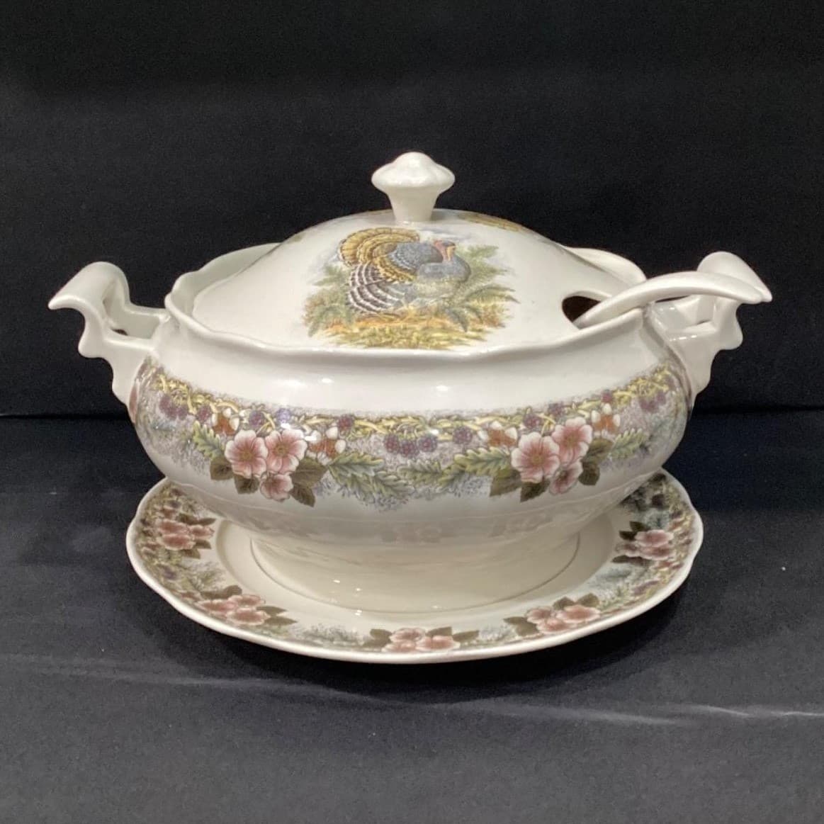 Churchill Myott Thanksgiving Soup Tureen Set, Four Piece Brown Transferware, Vtg - Thumbnail 2