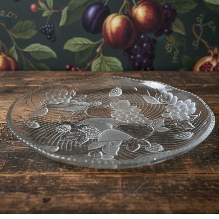 WP&G "Bountiful" Frosted Crystal Serving Platter Fruit Design Pressed Glass Tray