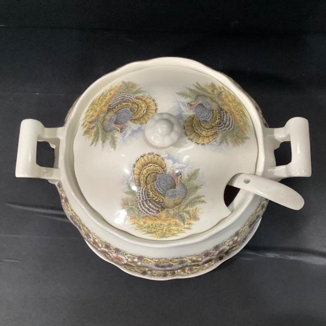 Churchill Myott Thanksgiving Soup Tureen Set, Four Piece Brown Transferware, Vtg - Thumbnail 4
