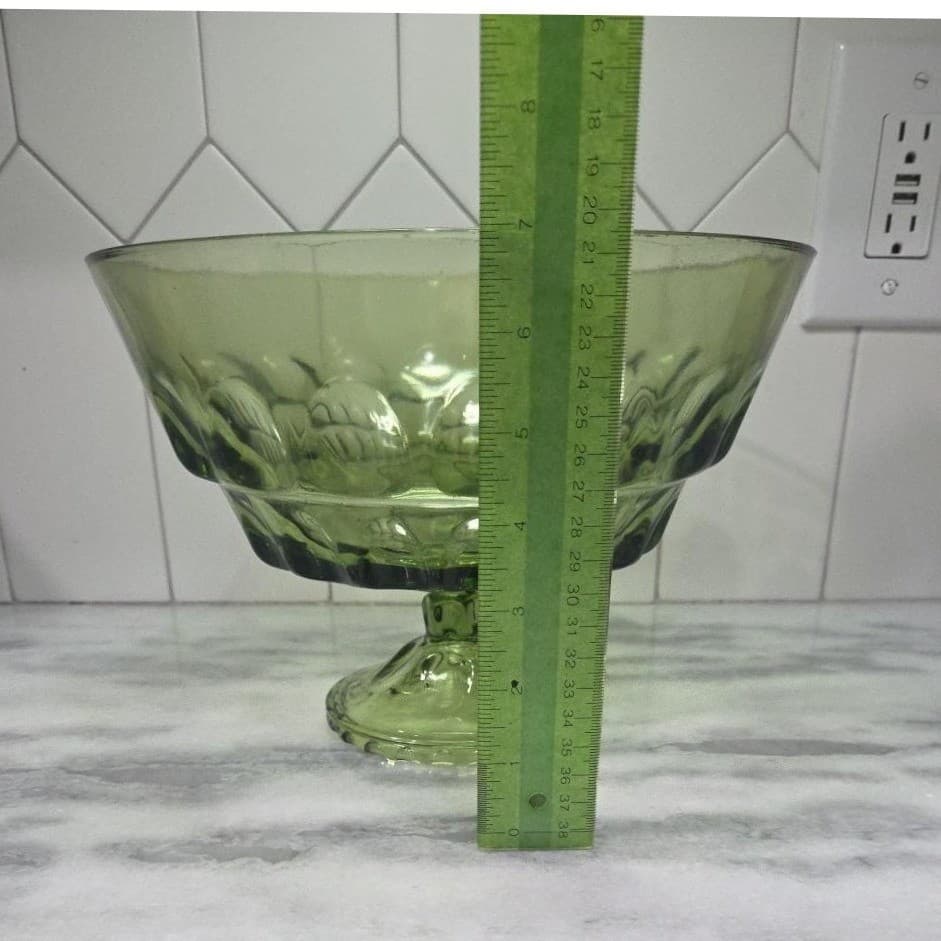 Indiana Glass Green Fruit Bowl, Vintage Thumbprint Pedestal Compote, Centerpiece - Thumbnail 10