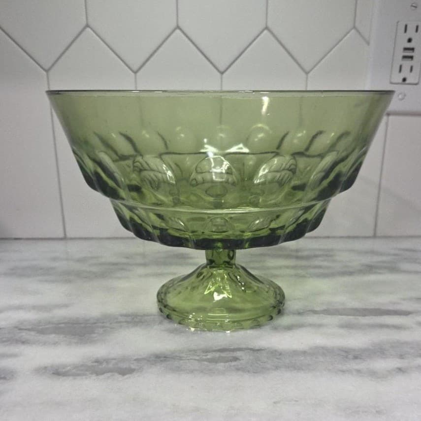Indiana Glass Green Fruit Bowl, Vintage Thumbprint Pedestal Compote, Centerpiece - Thumbnail 3