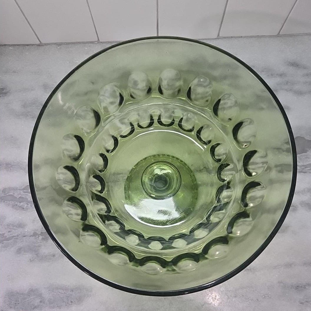 Indiana Glass Green Fruit Bowl, Vintage Thumbprint Pedestal Compote, Centerpiece - Thumbnail 7