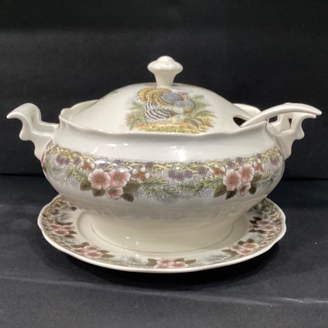 Churchill Myott Thanksgiving Soup Tureen Set, Four Piece Brown Transferware, Vtg - Thumbnail 13