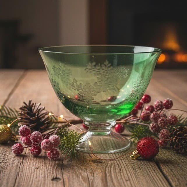 Christmas Green Crystal Footed Bowl, Etched Snowflakes, Vintage Holiday Decor