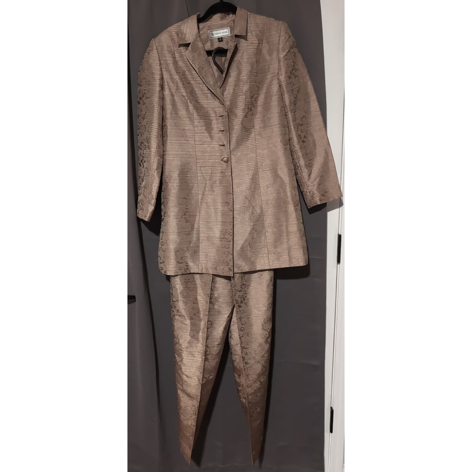 Travis Ayers Taupe Silk Pant Suit 2pc Jacquard Blazer Trousers, Women's Size 8 - Thumbnail 4