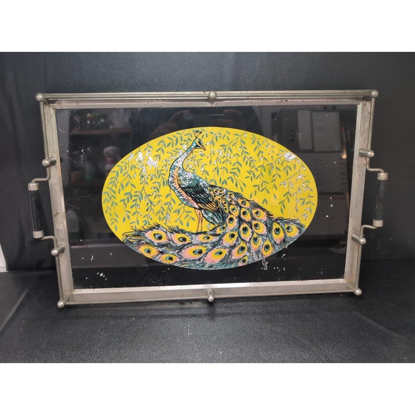 Peacock Serving Tray with Gold Foil Backing, Vintage Reverse Painted Carrier - Thumbnail 2