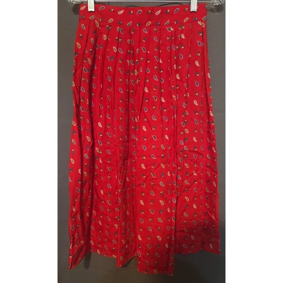 Chaus Petites Red Paisley Pleated Midi Skirt, Vtg High Waisted, Woman's Size 10P - Thumbnail 4