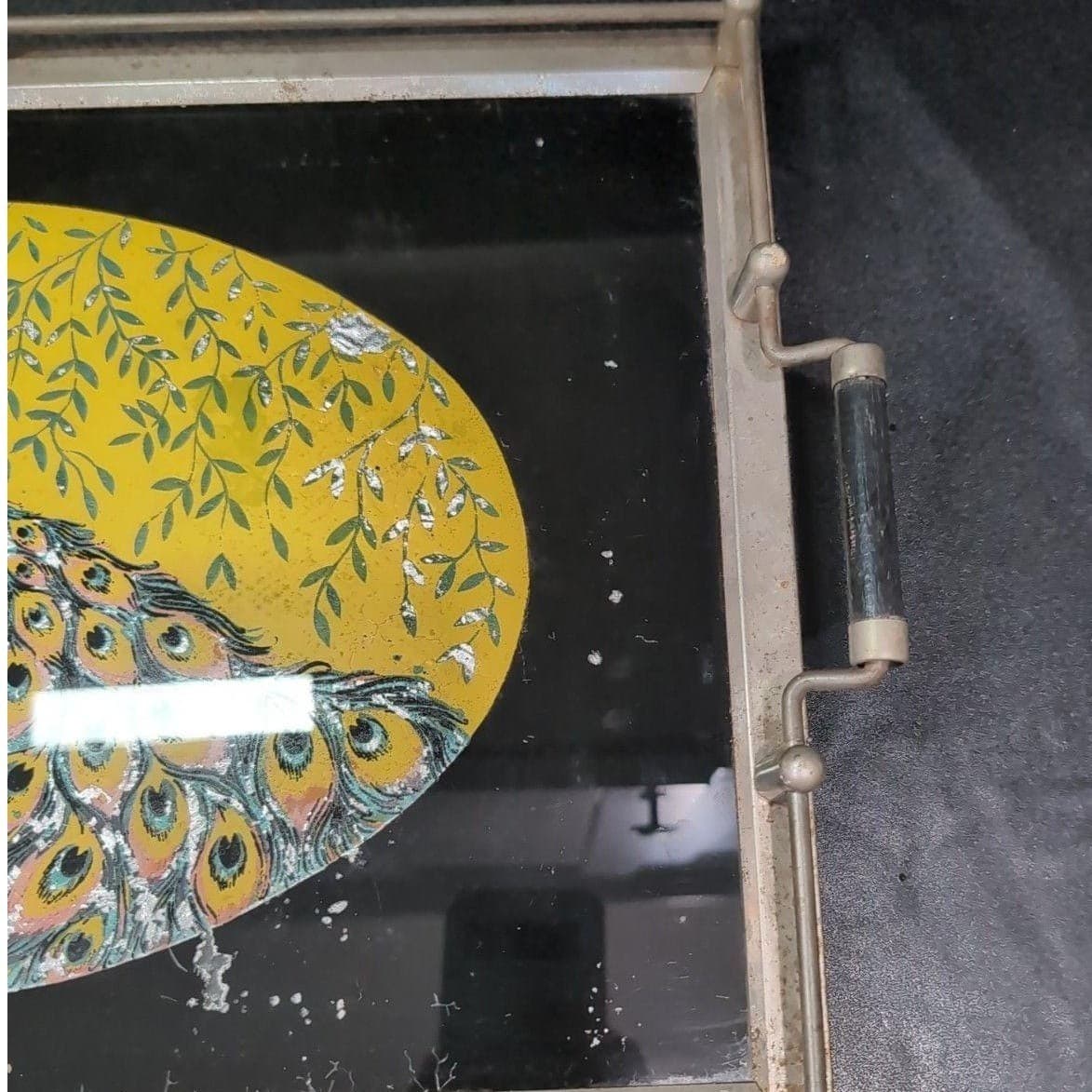 Peacock Serving Tray with Gold Foil Backing, Vintage Reverse Painted Carrier - Thumbnail 6