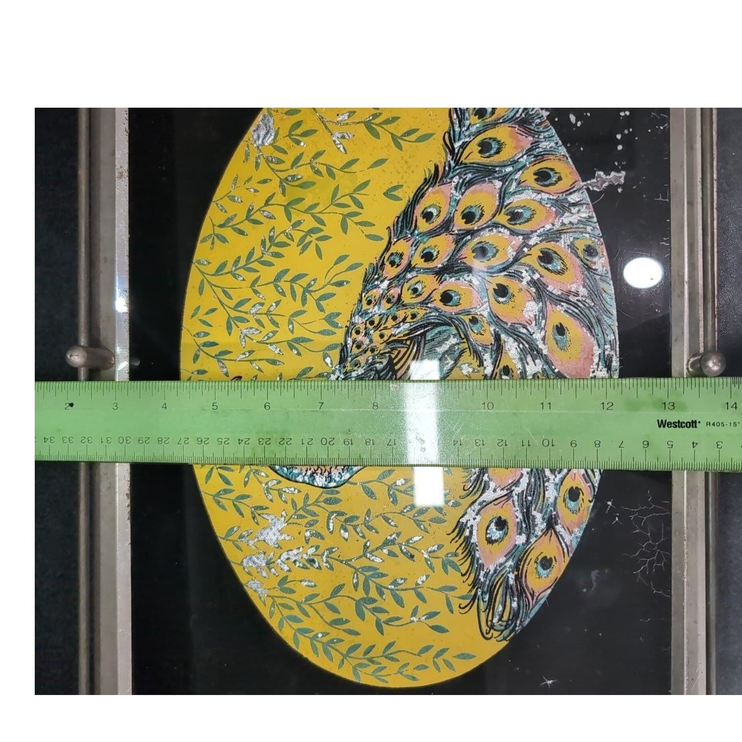Peacock Serving Tray with Gold Foil Backing, Vintage Reverse Painted Carrier - Thumbnail 7