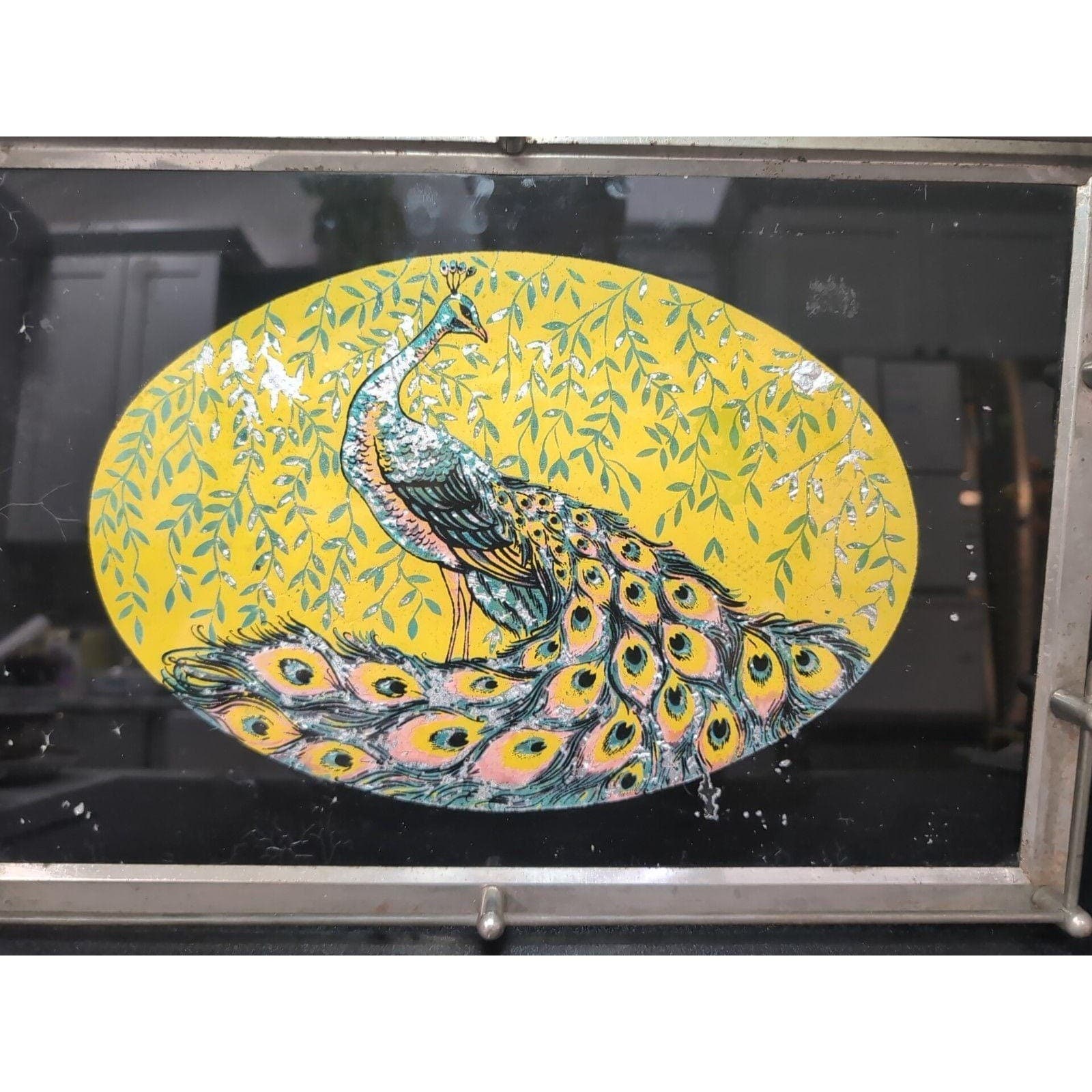 Peacock Serving Tray with Gold Foil Backing, Vintage Reverse Painted Carrier - Thumbnail 4