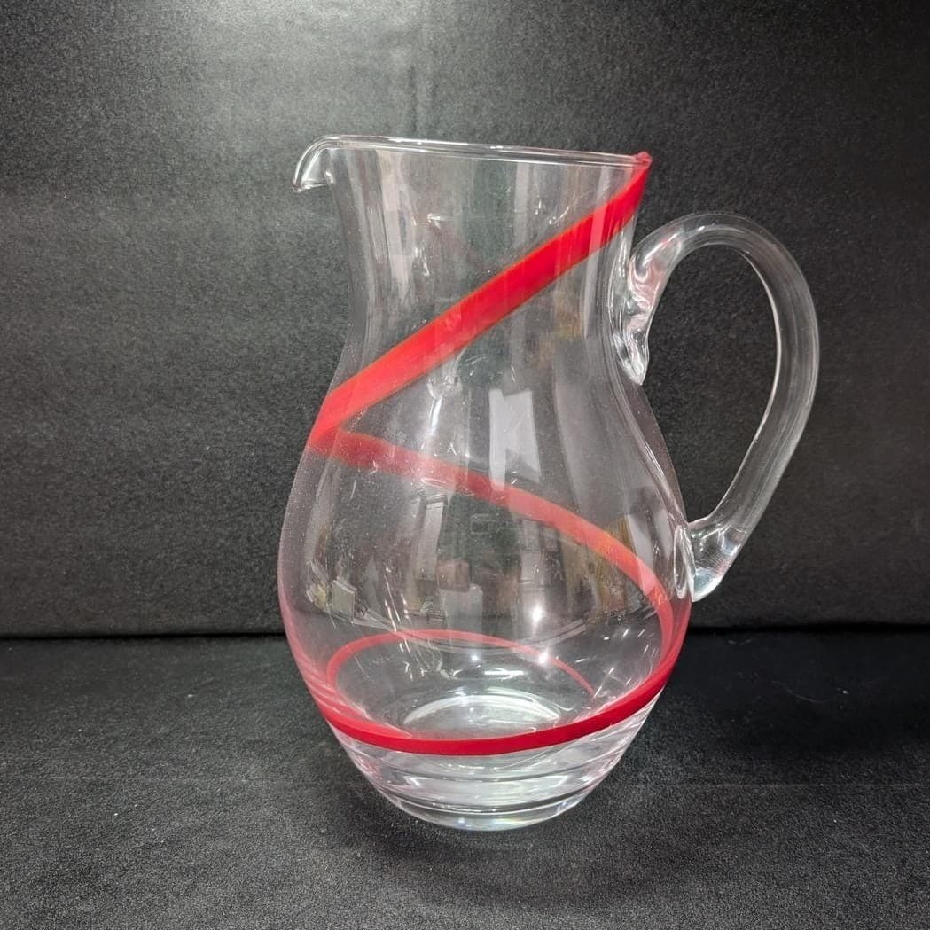 Pier 1 Imports Red Swirline Glass Pitcher, Hand-Blown Beverage Dispenser - Thumbnail 4