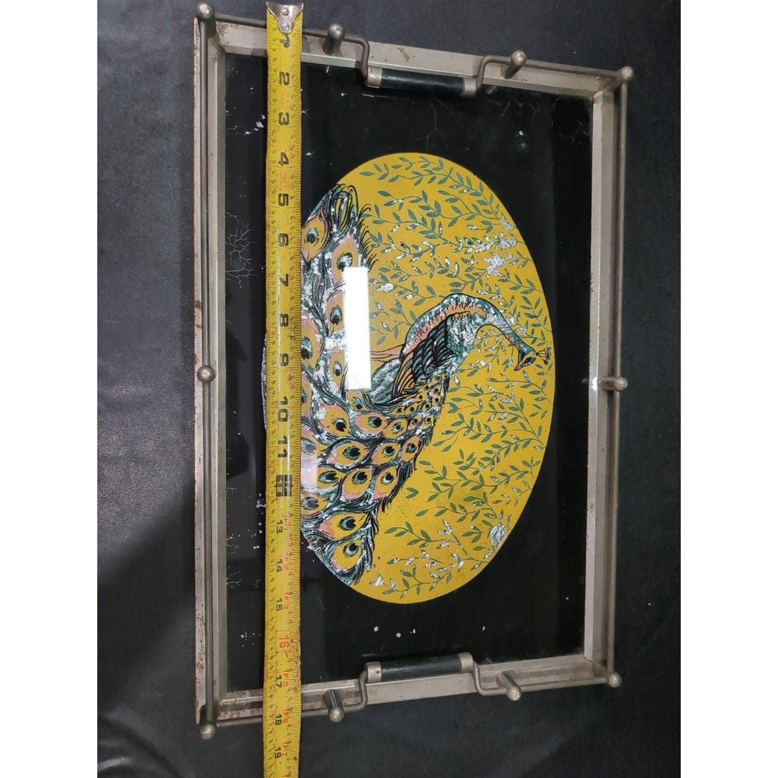 Peacock Serving Tray with Gold Foil Backing, Vintage Reverse Painted Carrier - Thumbnail 9