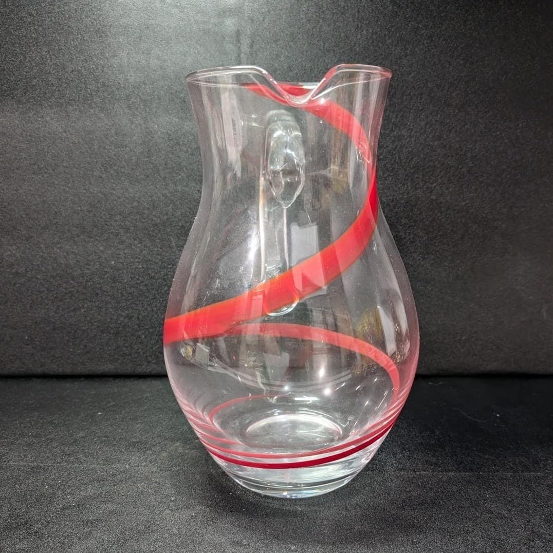 Pier 1 Imports Red Swirline Glass Pitcher, Hand-Blown Beverage Dispenser - Thumbnail 5