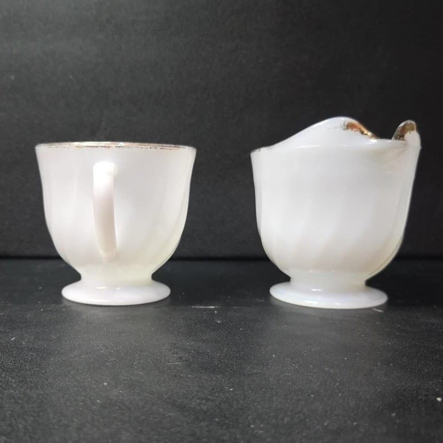 Anchor Hocking Milk Glass Sugar & Creamer, Gold Rimmed Swirl Design, Replacement - Thumbnail 5