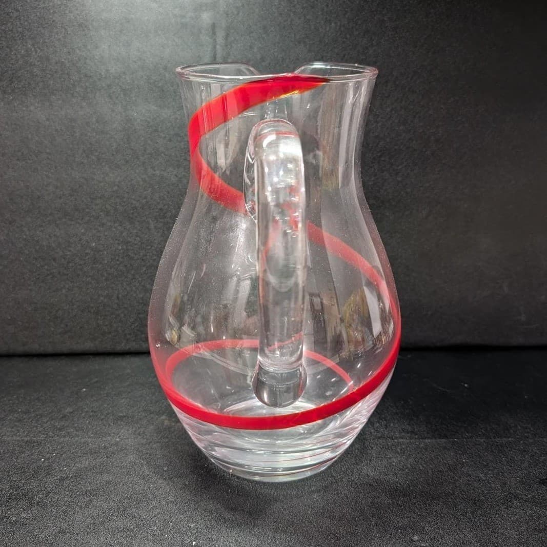 Pier 1 Imports Red Swirline Glass Pitcher, Hand-Blown Beverage Dispenser - Thumbnail 3
