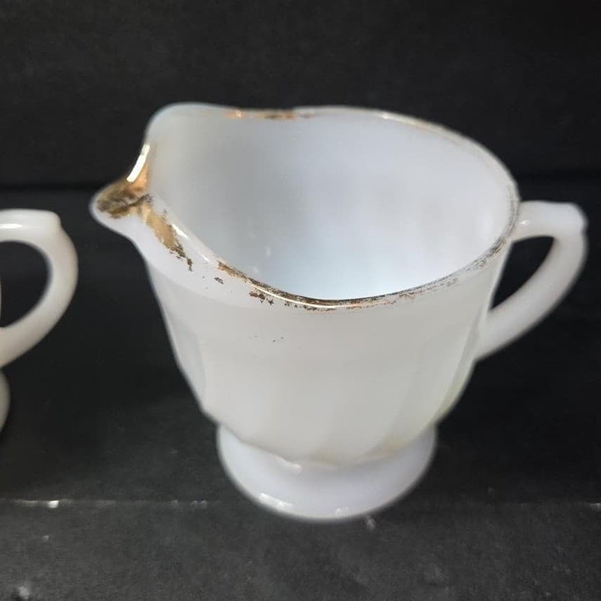 Anchor Hocking Milk Glass Sugar & Creamer, Gold Rimmed Swirl Design, Replacement - Thumbnail 6