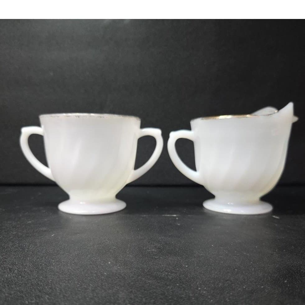 Anchor Hocking Milk Glass Sugar & Creamer, Gold Rimmed Swirl Design, Replacement - Thumbnail 4