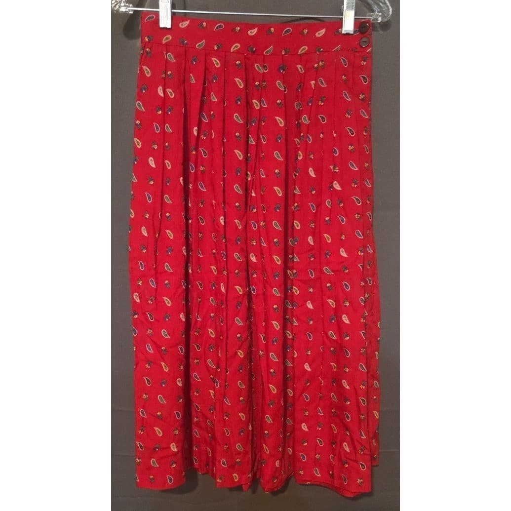 Chaus Petites Red Paisley Pleated Midi Skirt, Vtg High Waisted, Woman's Size 10P - Thumbnail 3