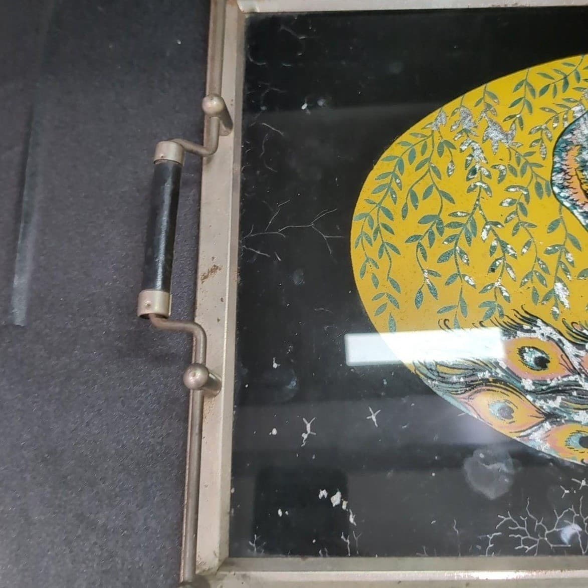 Peacock Serving Tray with Gold Foil Backing, Vintage Reverse Painted Carrier - Thumbnail 5