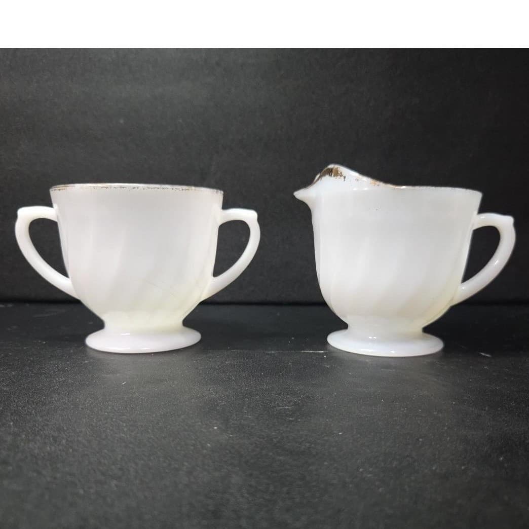 Anchor Hocking Milk Glass Sugar & Creamer, Gold Rimmed Swirl Design, Replacement - Thumbnail 2