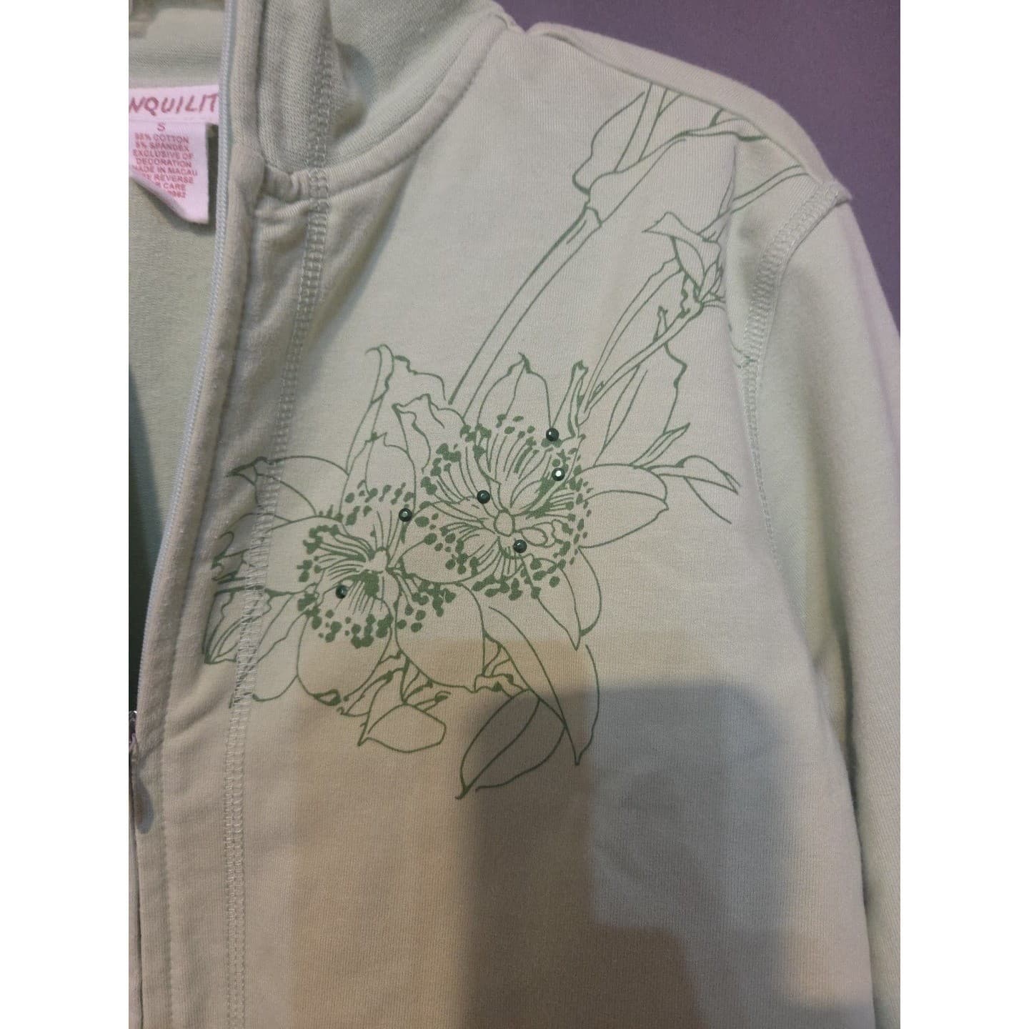 Tranquility Sage Green Floral Butterfly Zip Up Jacket, Mock Neck, Woman's Small - Thumbnail 7