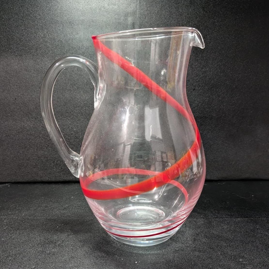 Pier 1 Imports Red Swirline Glass Pitcher, Hand-Blown Beverage Dispenser - Thumbnail 2