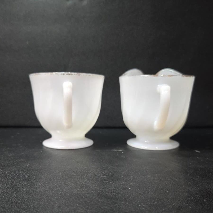 Anchor Hocking Milk Glass Sugar & Creamer, Gold Rimmed Swirl Design, Replacement - Thumbnail 3