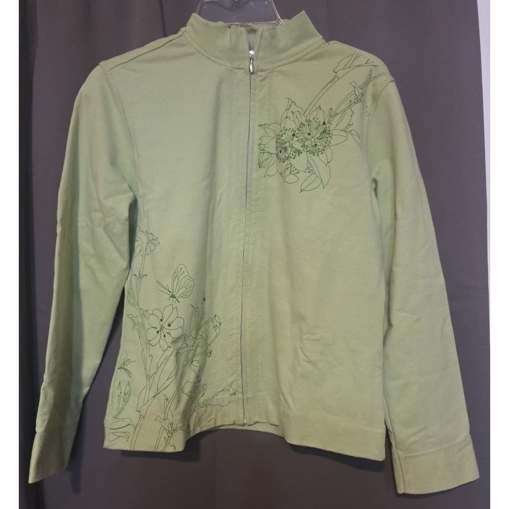 Tranquility Sage Green Floral Butterfly Zip Up Jacket, Mock Neck, Woman's Small - Thumbnail 3