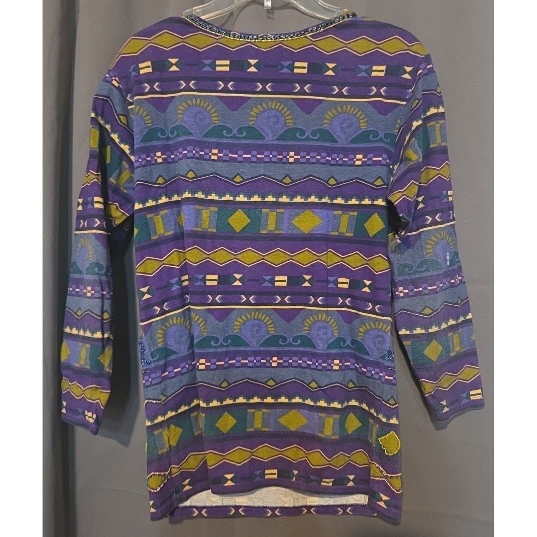 Express Tricot Purple Tribal Beaded Top, Vintage Elephant Print, Woman's Small - Thumbnail 4