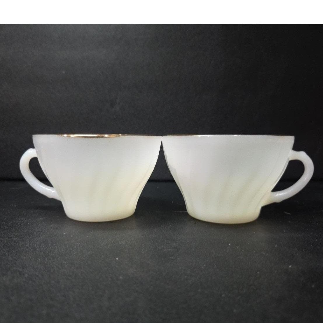 Anchor Hocking Fire King Milk Glass Teacups, Set of 2 Vintage Gold Rim Drinkware - Thumbnail 2