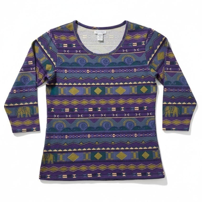 Express Tricot Purple Tribal Beaded Top, Vintage Elephant Print, Woman's Small