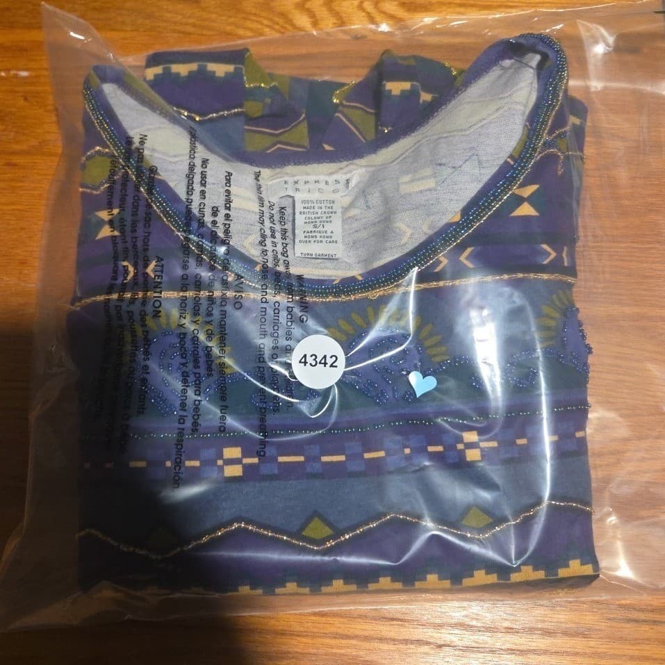 Express Tricot Purple Tribal Beaded Top, Vintage Elephant Print, Woman's Small - Thumbnail 8