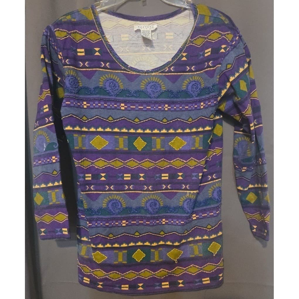 Express Tricot Purple Tribal Beaded Top, Vintage Elephant Print, Woman's Small - Thumbnail 3