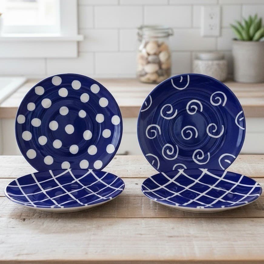 Pacific Rim Blue Salad Plates, Set of 4, Multi-patterned Dishes, Dinnerware