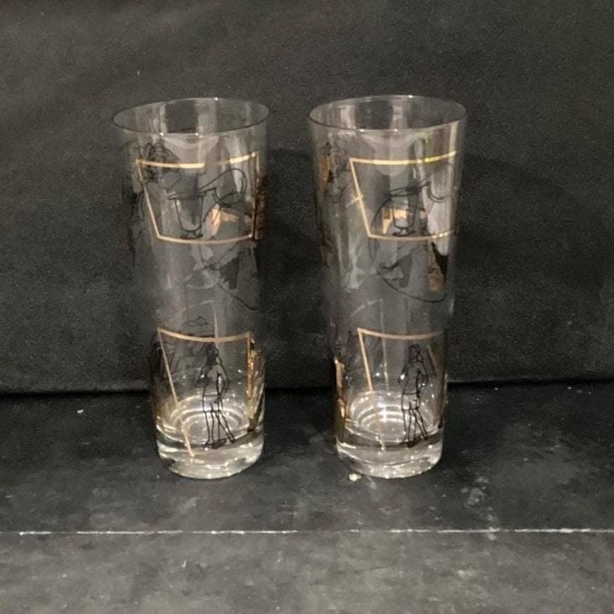 Fuller Brush Swanky Swig Tumblers, Set of 2, Vintage Black Gold Highball Glasses - Thumbnail 10