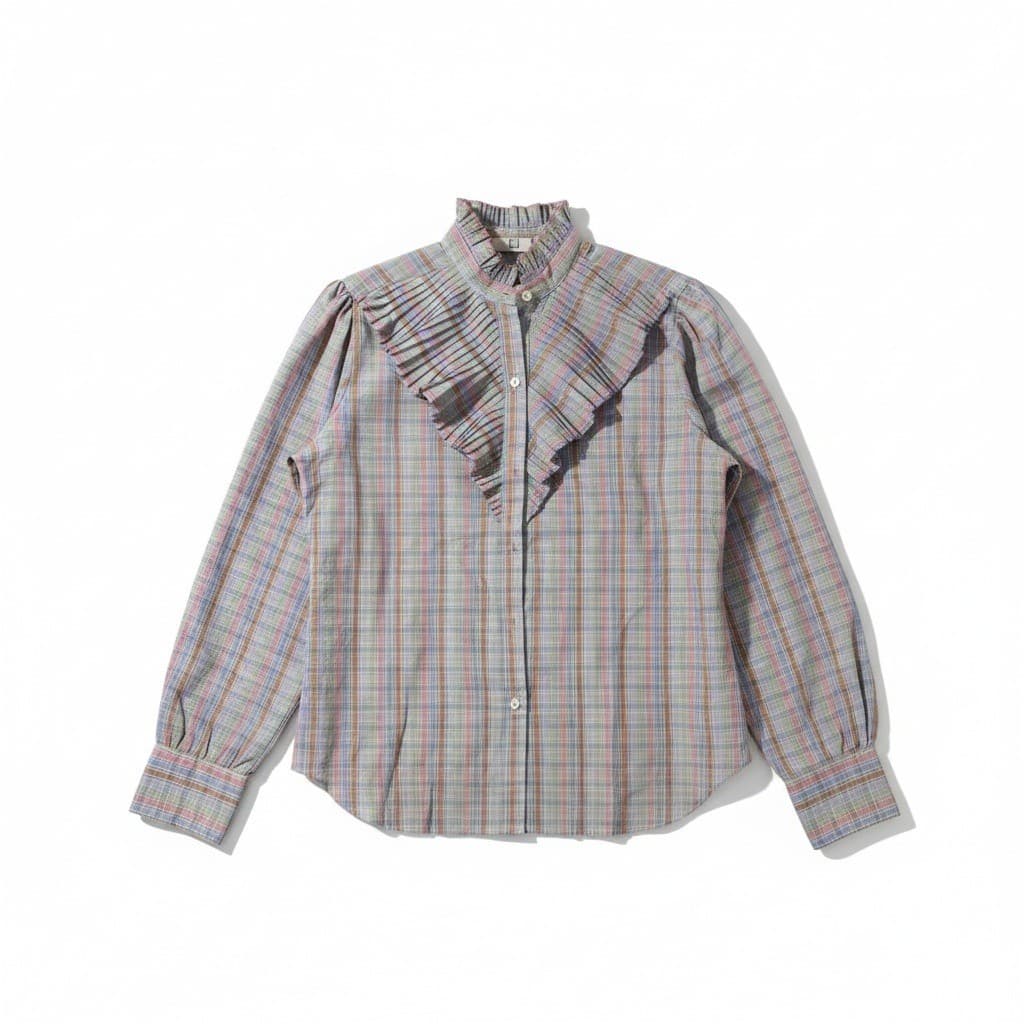 Levi Strauss Plaid Pastel Ruffle High Neck Blouse, Vintage Woman's Size 8
